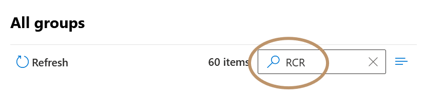 Image shows a search box with "RCR" in it, circled