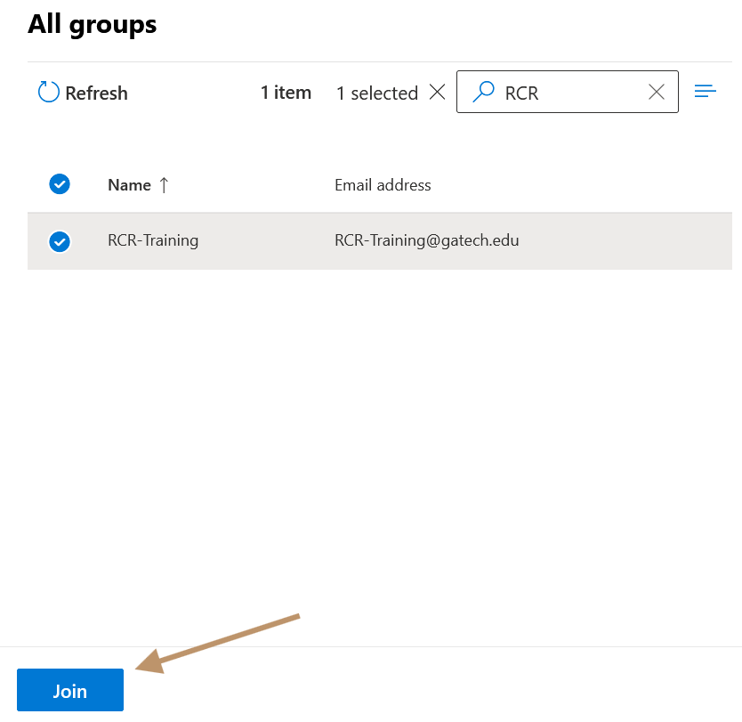 Image shows a screen shot with a radio button highlight next to "RCR-Training" and an arrow pointing to a "JOIN" button
